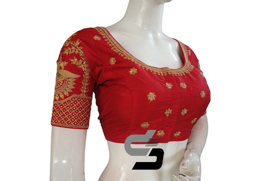 Red Color Semi Silk Designer Embroidery Readymade Saree Blouse - D3blouses