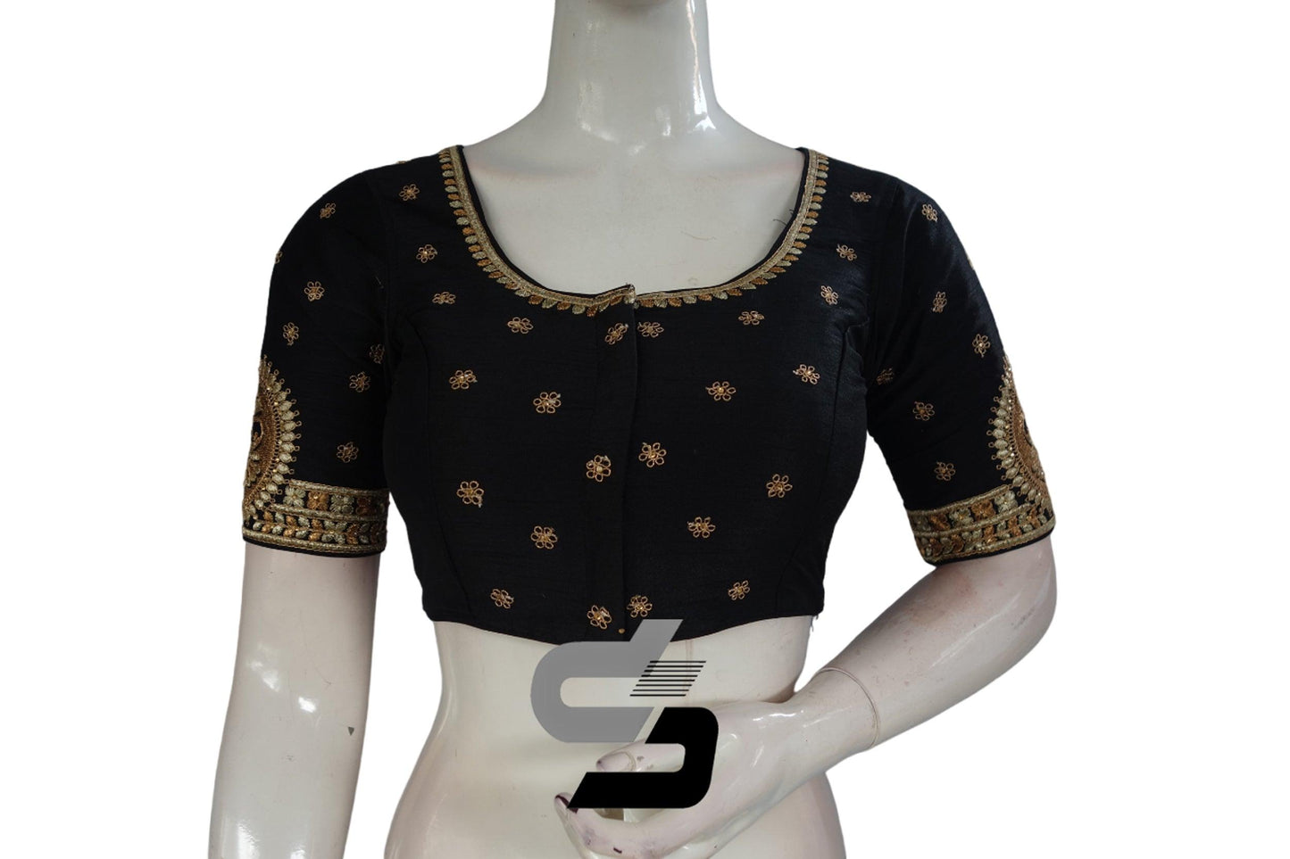 Black Color Semi Silk Designer Embroidery Readymade Saree Blouse - D3blouses