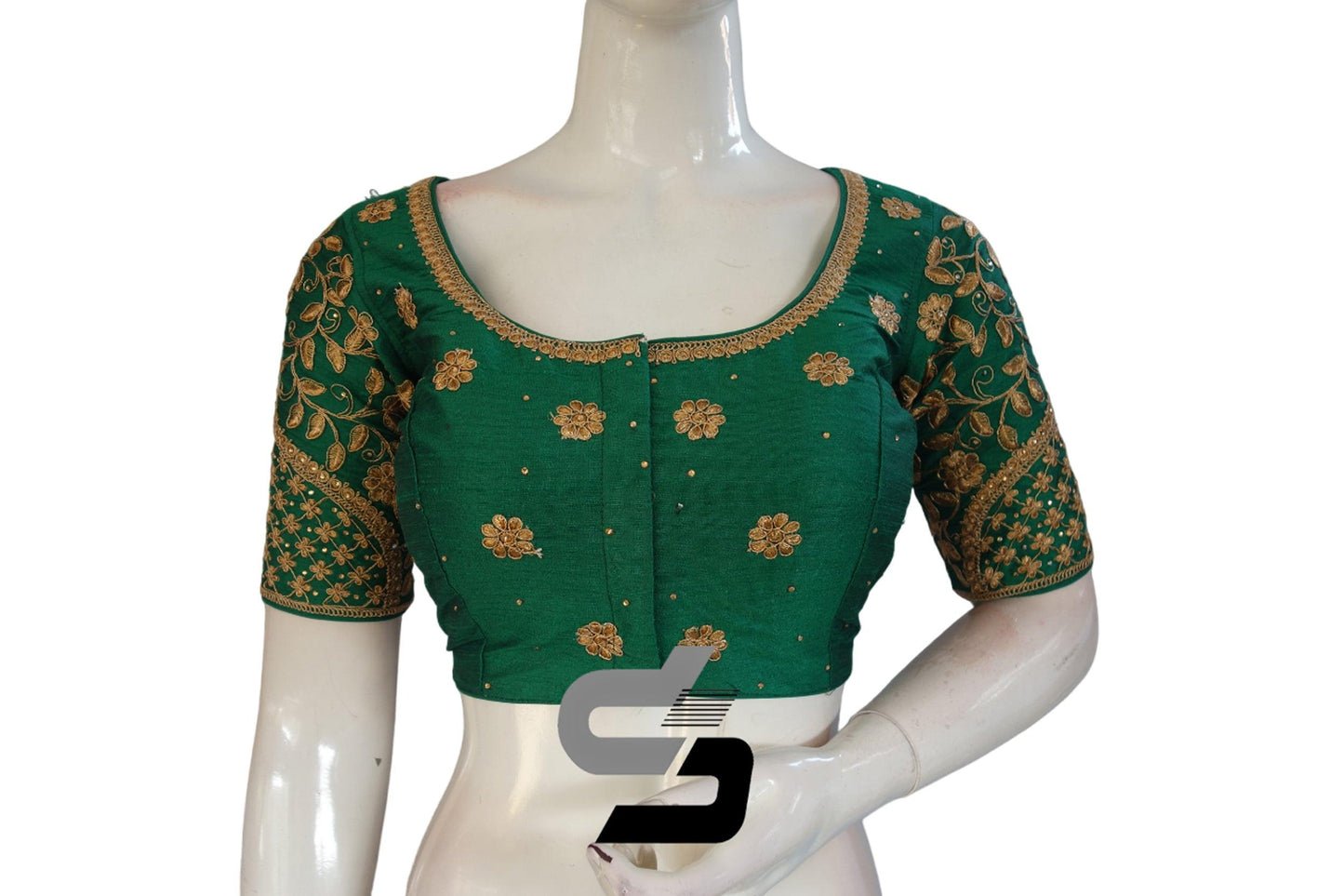 Green Color Semi Silk Designer Embroidery Readymade Saree Blouse - D3blouses