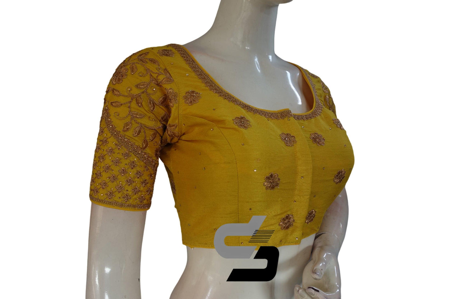Yellow Color Semi Silk Designer Embroidery Readymade Saree Blouse - D3blouses