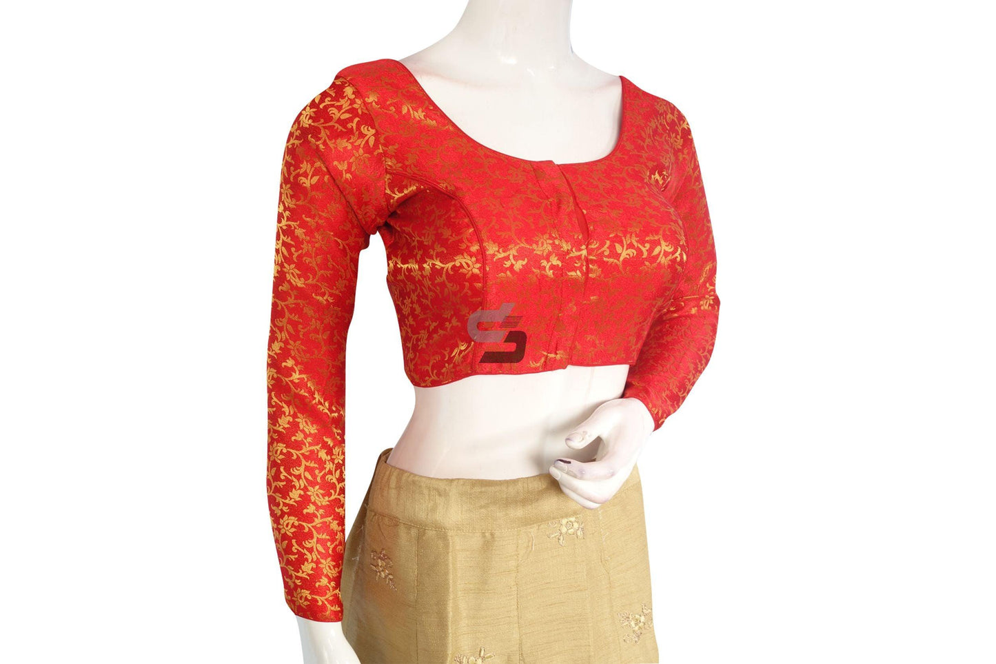 Red Color Brocade Silk Full Sleeves Readymade Blouse - D3blouses