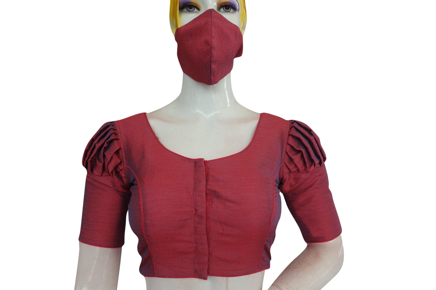 Shade of Pink Color Plain Puff Sleeve Readymade Blouse with Face Mask