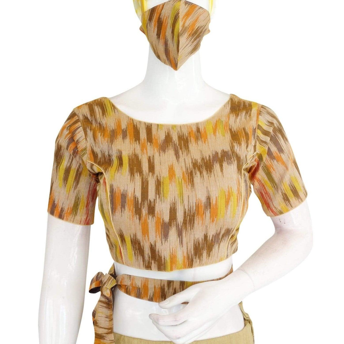 ikkat boat neck readymade saree blouse with belt and matching mask 3