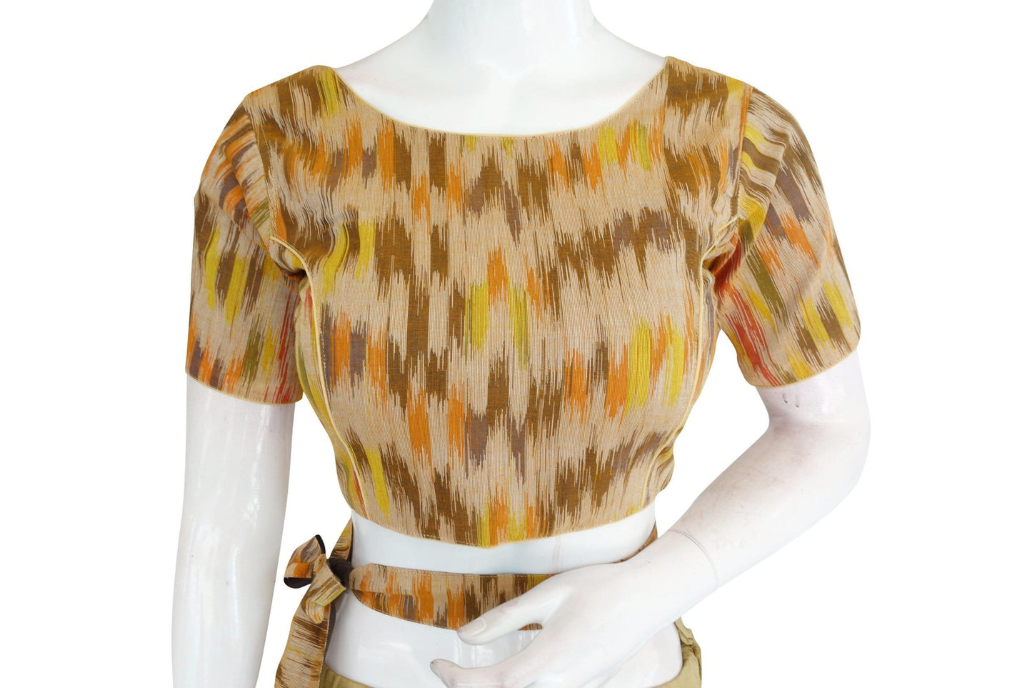 ikkat boat neck readymade saree blouse with belt and matching mask 3