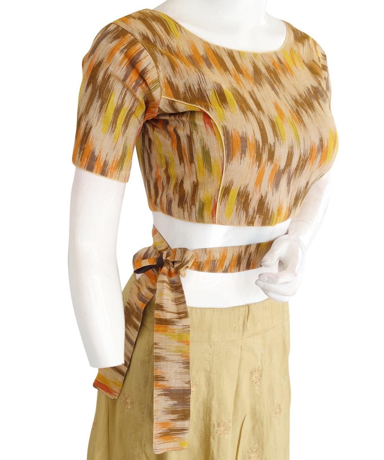 ikkat boat neck readymade saree blouse with belt and matching mask 3
