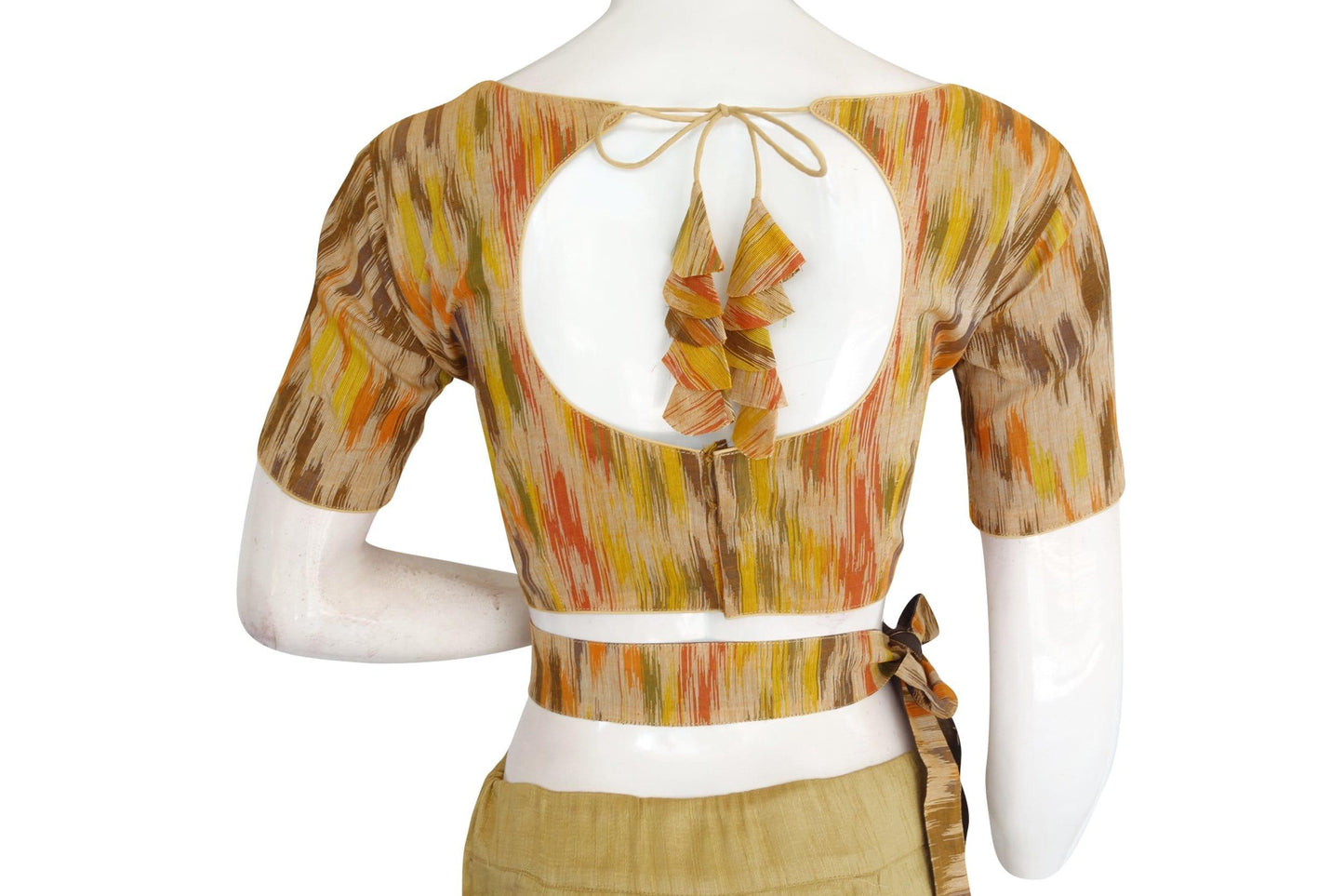 ikkat boat neck readymade saree blouse with belt and matching mask 3
