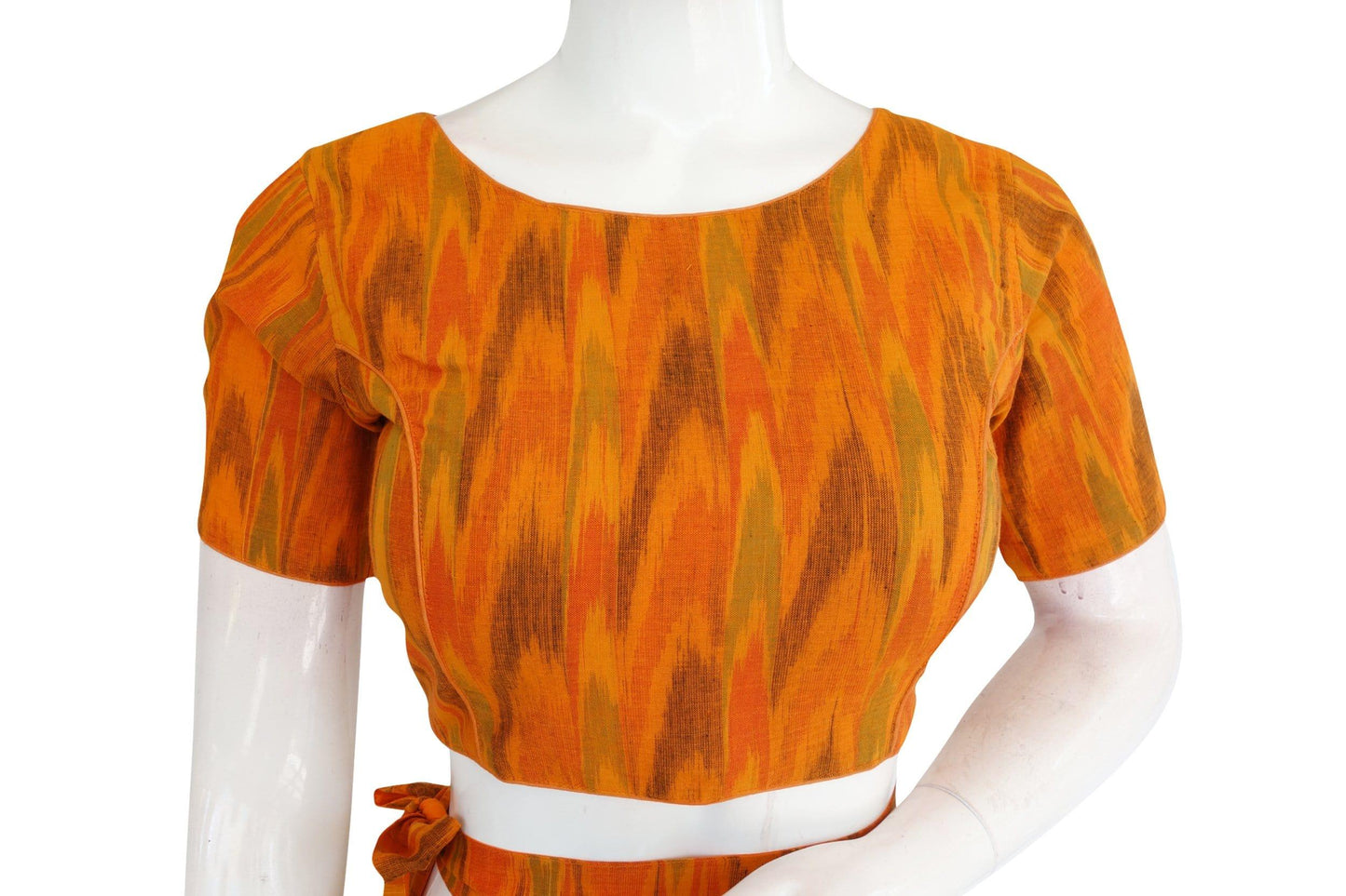 ikkat boat neck readymade saree blouse with belt and matching mask 5