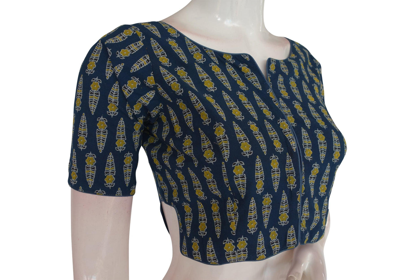 Navy Blue Color Ajrakh Cotton Readymade Boat Neck Blouse