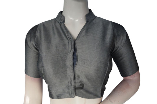 Grey Color Semi Silk Plain Collar Neck Readymade Blouse