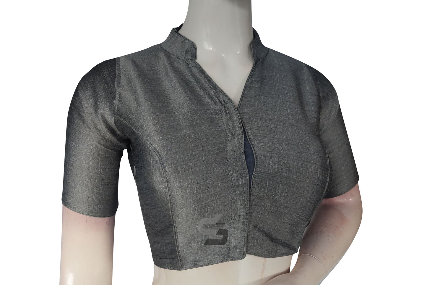 Grey Color Semi Silk Plain Collar Neck Readymade Blouse