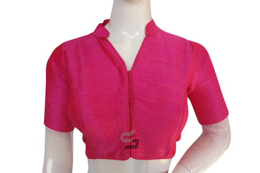 Pink Color Semi Silk Plain Collar Neck Readymade Blouse