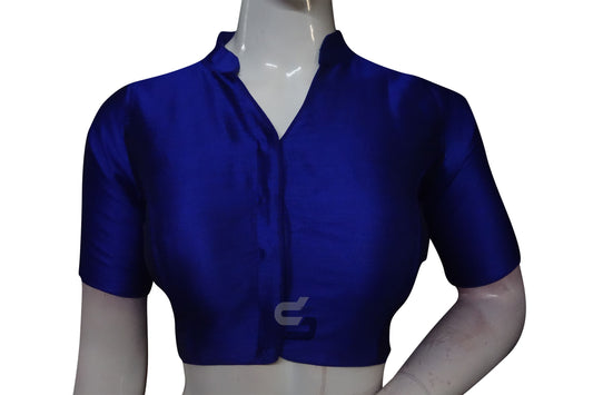 Blue Color Semi Silk Plain Collar Neck Readymade Blouse