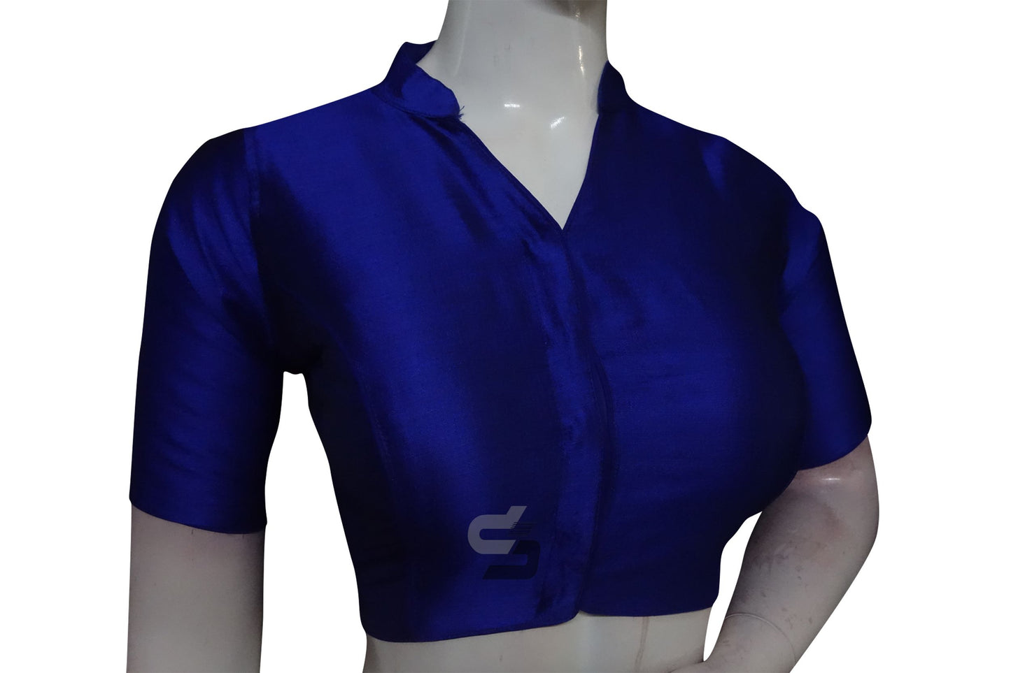 Blue Color Semi Silk Plain Collar Neck Readymade Blouse