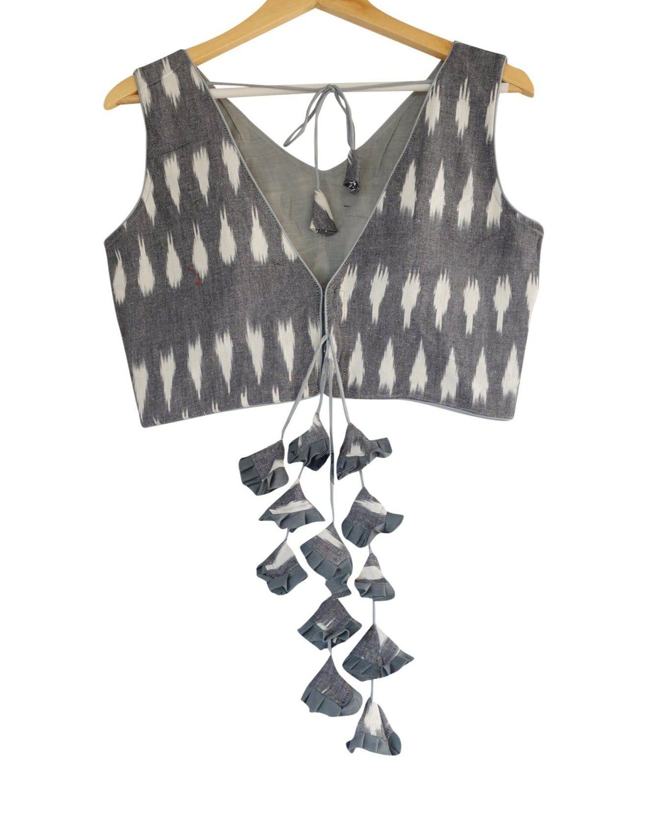 color ikkat v neck designer readymade blouse with tassels 4