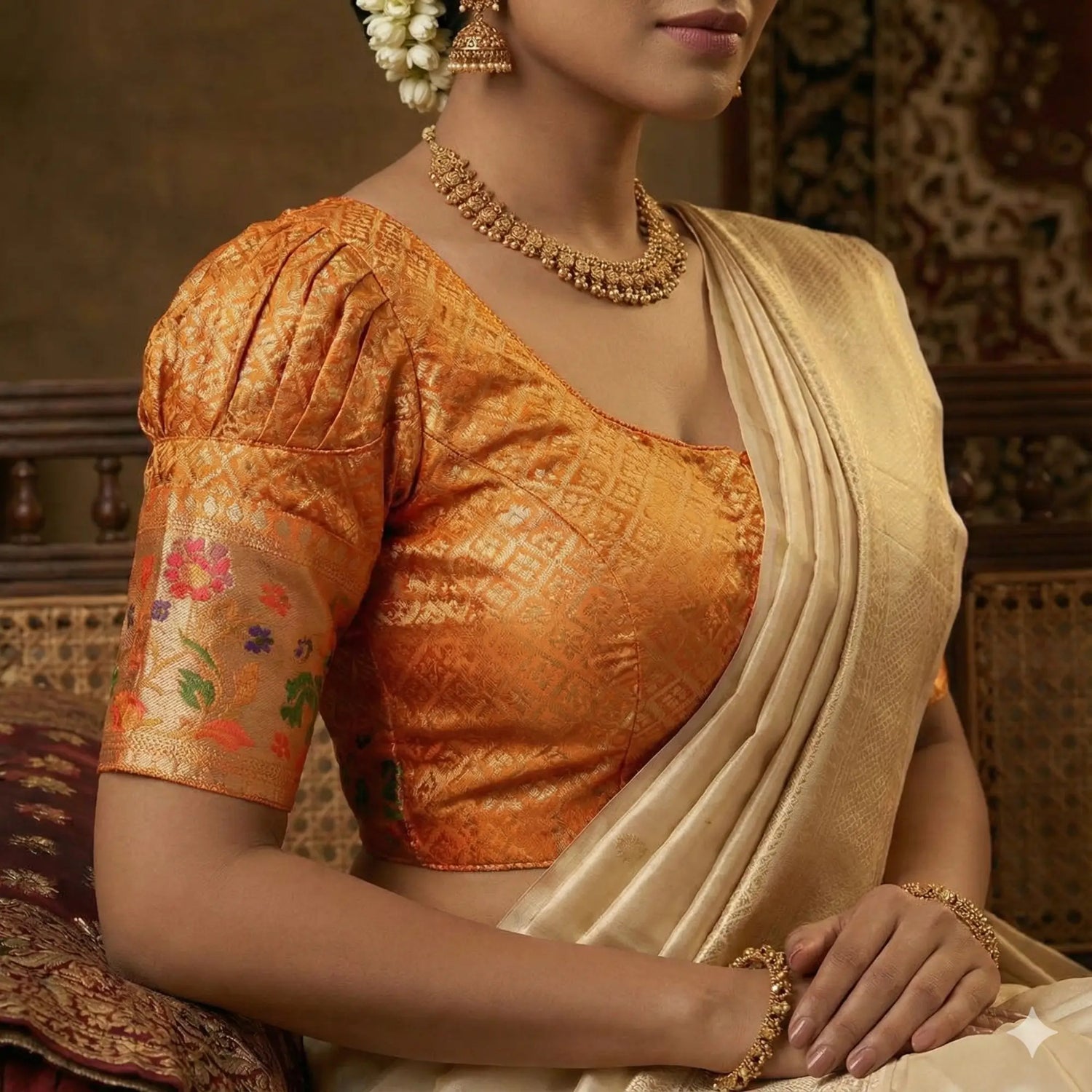 Model wearing orange gold Banarasi brocade puff sleeve readymade blouse with cream silk saree.