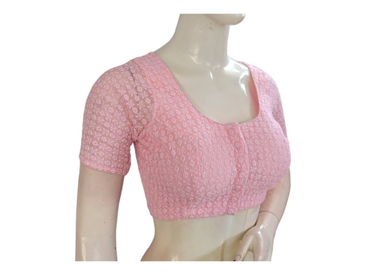 Baby Pink Color Chikankari Embroided Sequins Readymade Saree Blouse