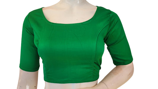 Leaf Green Elegance: Boat Neck Plain Silk Saree Readymade Blouse, Plus Size, offering sophisticated style and comfort in a timeless design.