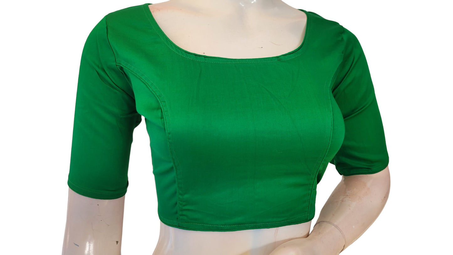 Leaf Green Elegance, Boat Neck Plain Silk Saree Readymade Blouse