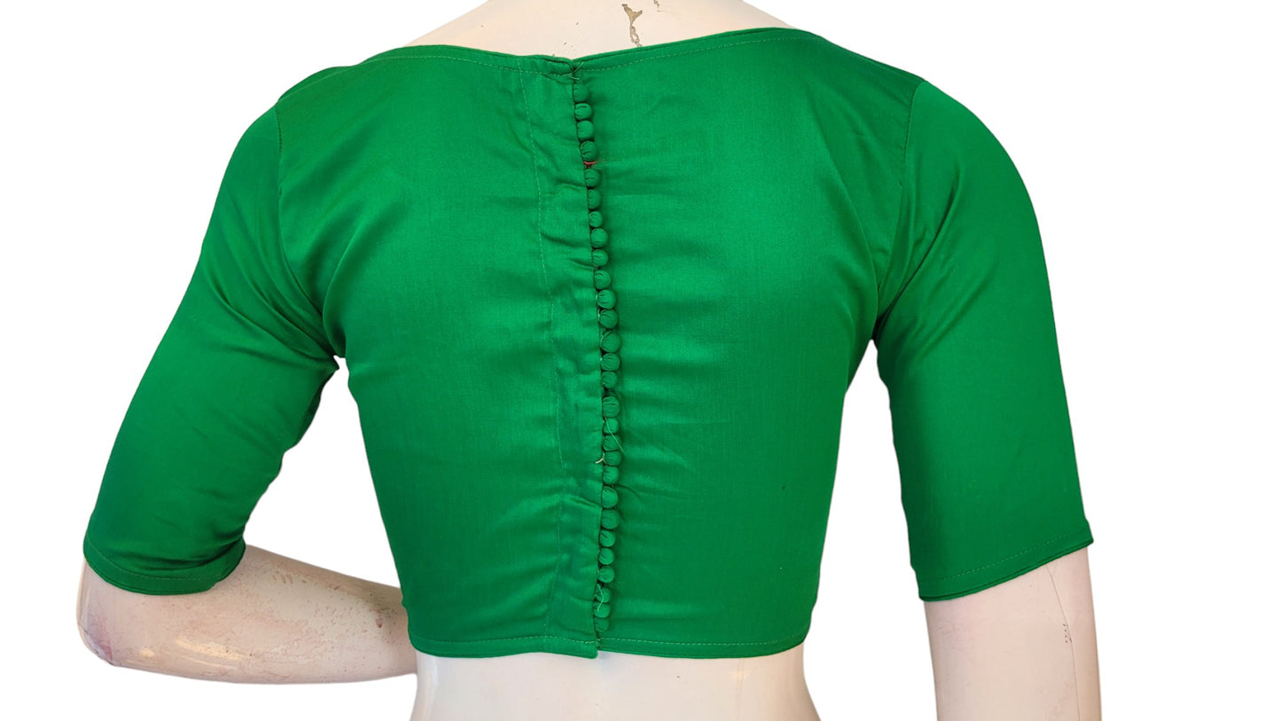 Leaf Green Elegance, Boat Neck Plain Silk Saree Readymade Blouse