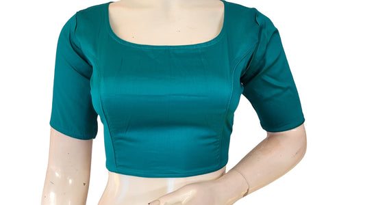 Teal Green Radiance: Boat Neck Plain Silk Saree Readymade Blouse, Plus Size, offering a blend of elegance and comfort in a stunning design.