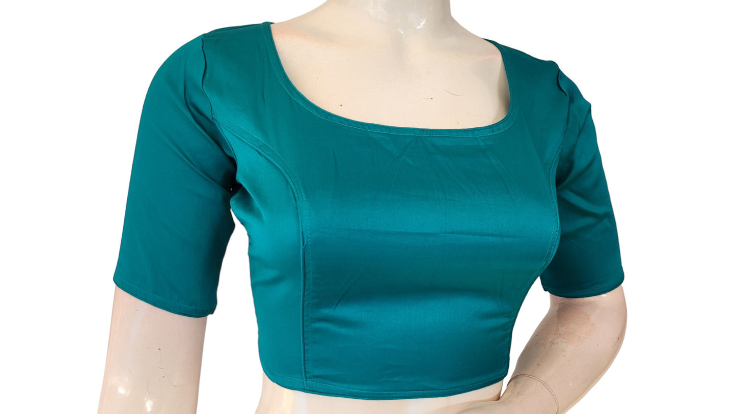 Teal Green Radiance, Boat Neck Plain Silk Saree Readymade Blouse