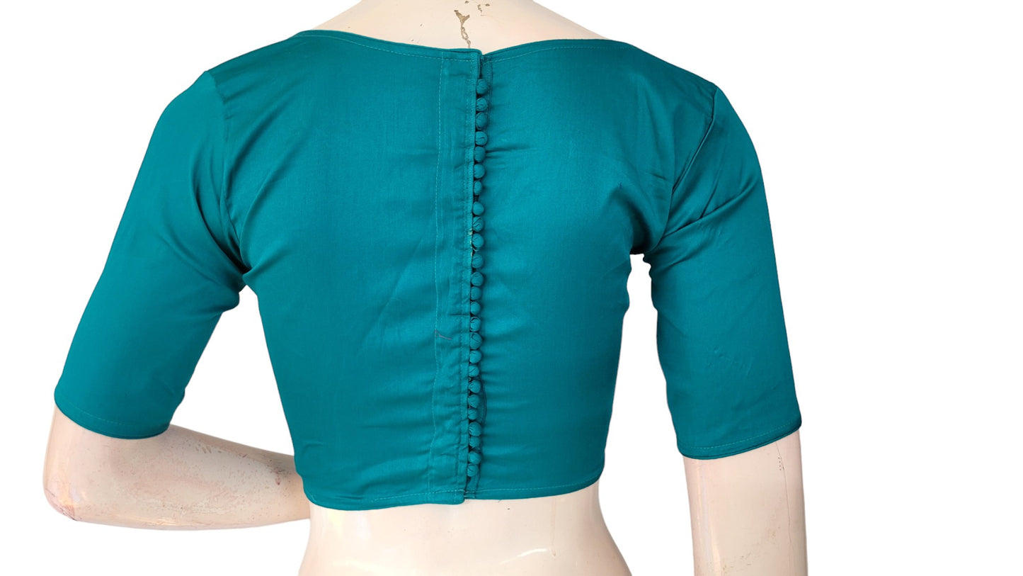 Teal Green Radiance, Boat Neck Plain Silk Saree Readymade Blouse