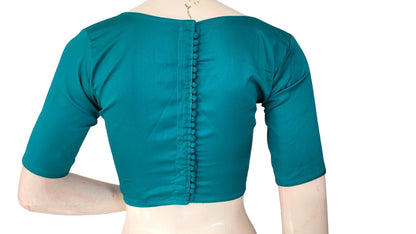 Teal Green Radiance, Boat Neck Plain Silk Saree Readymade Blouse
