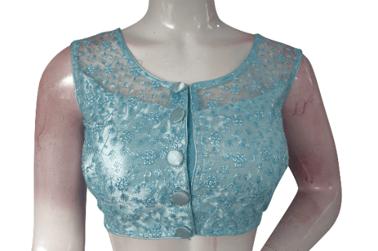 Pastel Blue Color Netted Embroidery Designer Readymade Blouse - D3blouses