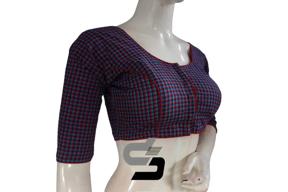3/4 th Cotton Checks Readymade saree blouse , Indian Cotton Readymade blouse - D3blouses