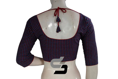 3/4 th Cotton Checks Readymade saree blouse , Indian Cotton Readymade blouse - D3blouses