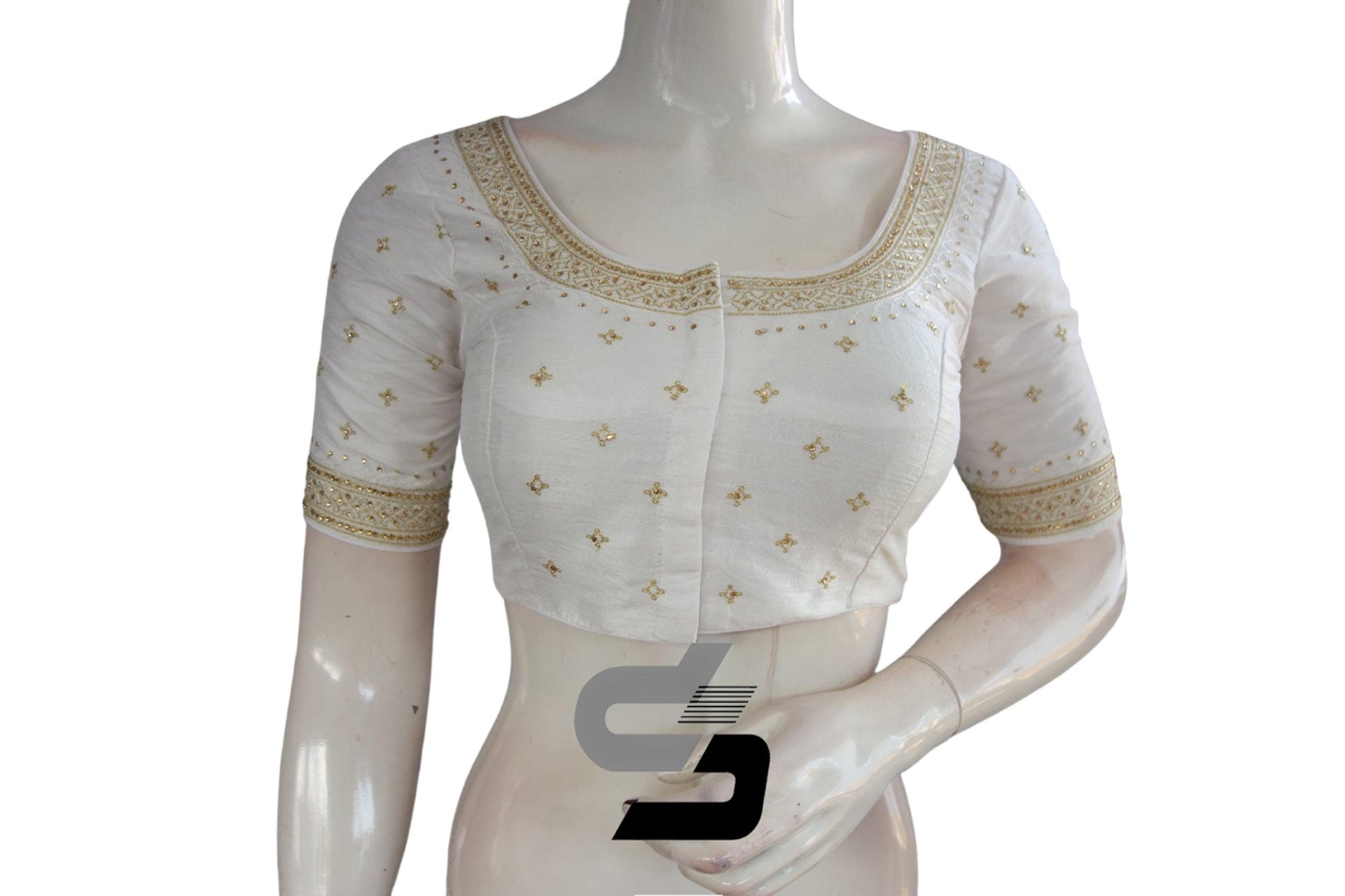 "Glamorous White: Semi Silk Designer Stone Work Machine Embroidery Readymade Saree Blouse" - D3blouses