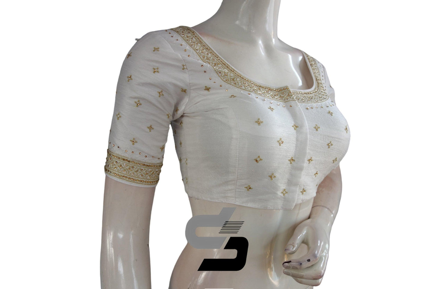 "Glamorous White: Semi Silk Designer Stone Work Machine Embroidery Readymade Saree Blouse" - D3blouses