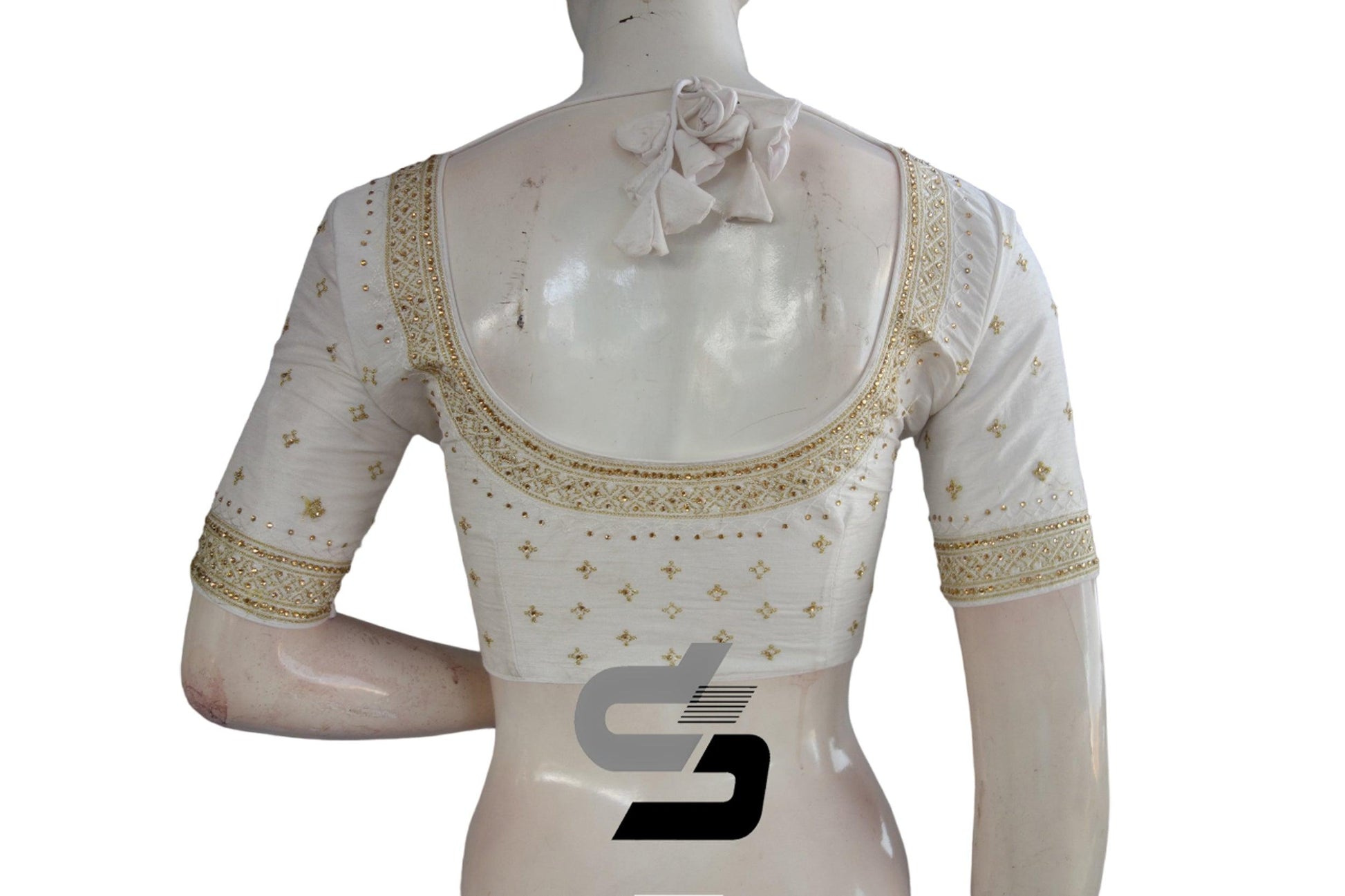 "Glamorous White: Semi Silk Designer Stone Work Machine Embroidery Readymade Saree Blouse" - D3blouses