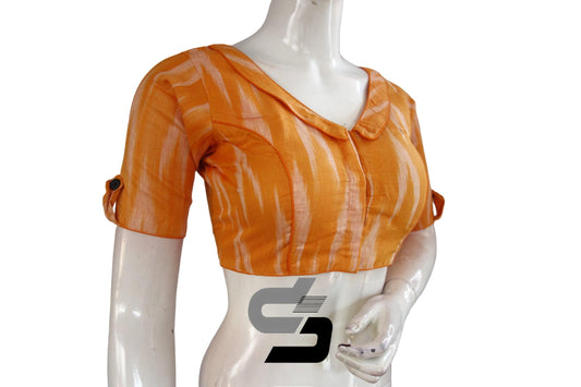 "Unleash Your Charm: Stand Out in Mustard Orange Ikkat Designer Readymade Saree Blouses with Peter Pan Collar" - D3blouses