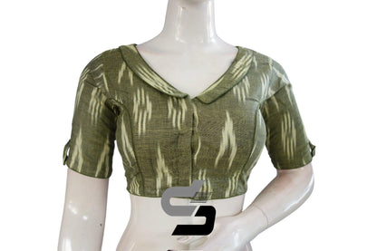 "Go Olive Green and Glamorous: Ikkat Designer Readymade Saree Blouses with Peter Pan Collar" - D3blouses