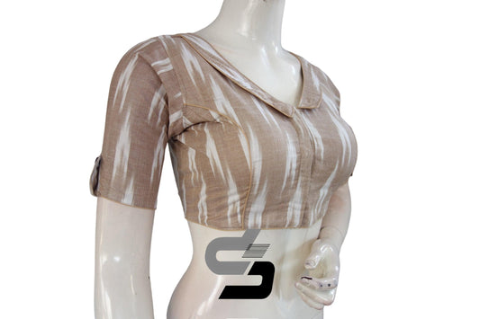 "Unleash Your Inner Fashionista: Beige Ikkat Designer Readymade Saree Blouses with Peter Pan Collar" - D3blouses