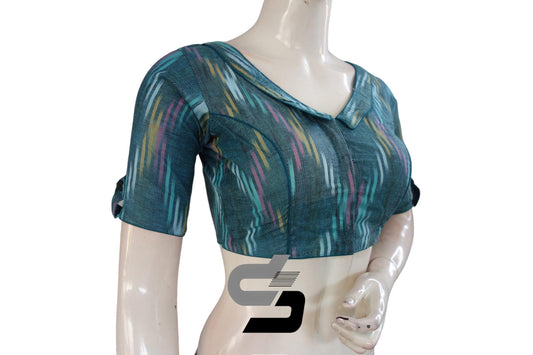 "Elevate Your Style with Teal: Ikkat Designer Readymade Saree Blouses and Peter Pan Collar" - D3blouses