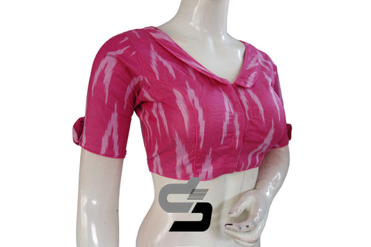 "Feminine and Flattering: Pink Ikkat Designer Readymade Saree Blouses with Peter Pan Collar" - D3blouses