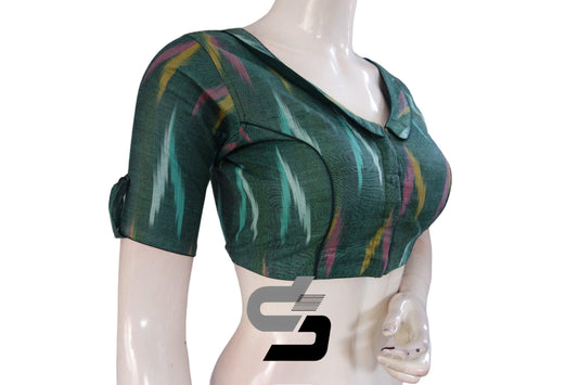 "Step into Style: Teal Green Color Ikkat Designer Readymade Saree Blouses with Peter Pan Collar" - D3blouses