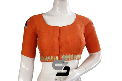 "Indulge in Luxury: Orange Color High Neck Readymade Saree Blouses with Exquisite Embroidery" - D3blouses