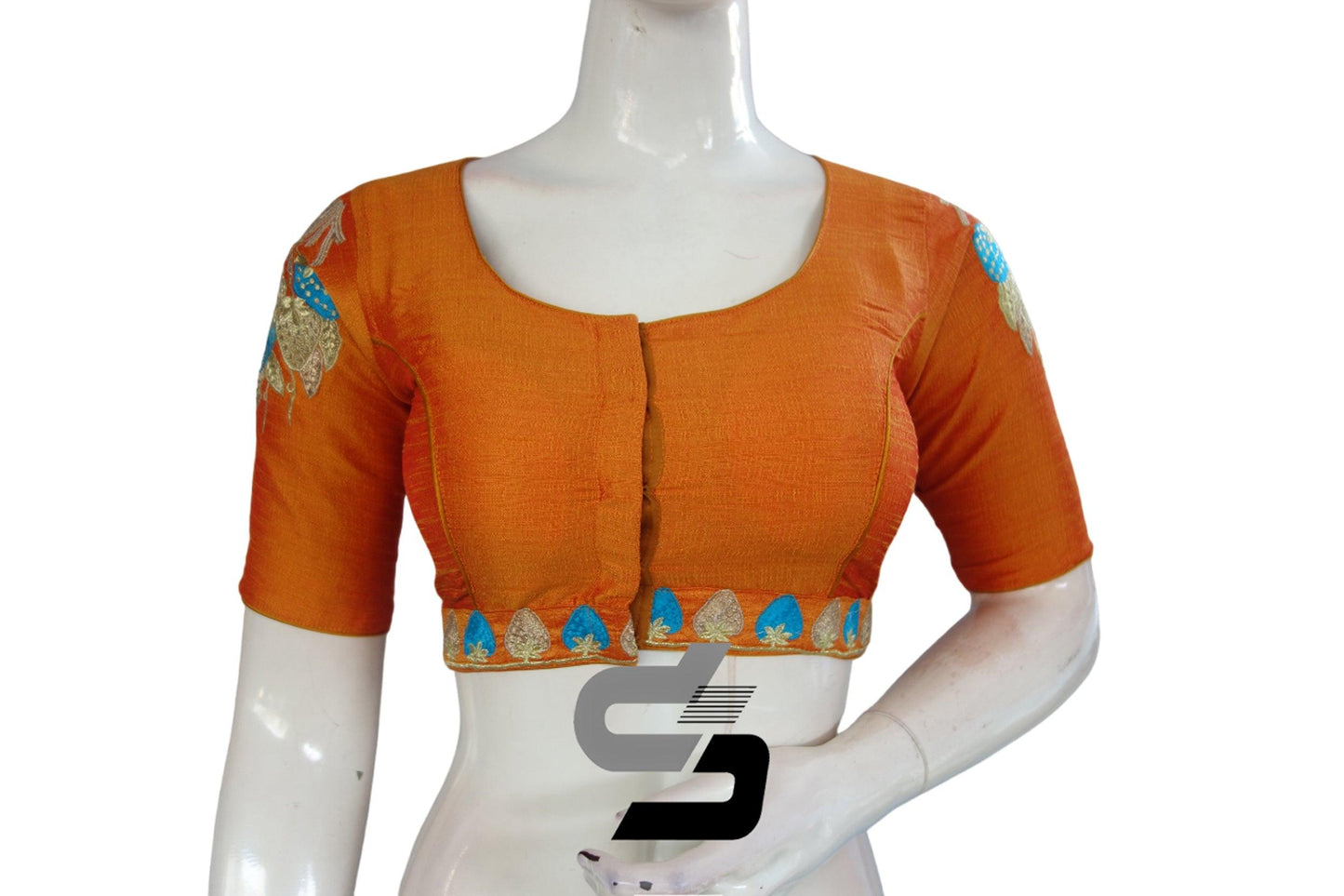 "Effortless Elegance: Mustard Orange High Neck Designer Embroidered Saree Blouses for Every Occasion" - D3blouses