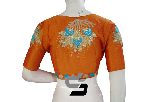 "Effortless Elegance: Mustard Orange High Neck Designer Embroidered Saree Blouses for Every Occasion" - D3blouses