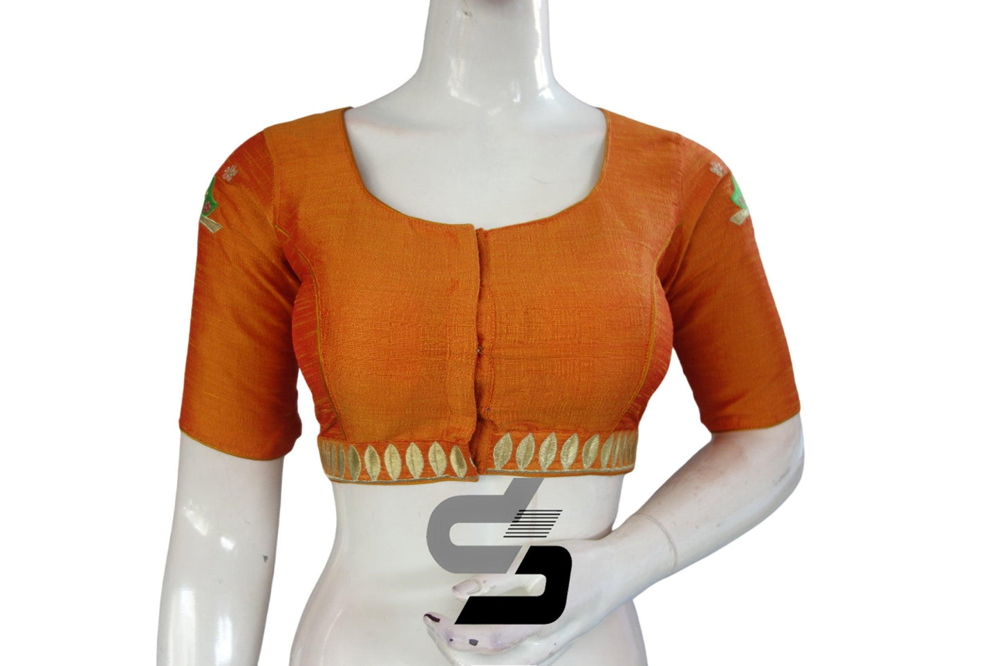 "Stay Fashion Forward with Mustard Orange Designer Embroidered High Neck Saree Blouses" - D3blouses
