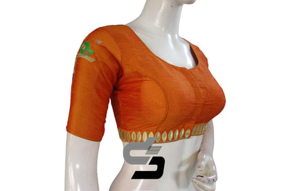 "Stay Fashion Forward with Mustard Orange Designer Embroidered High Neck Saree Blouses" - D3blouses