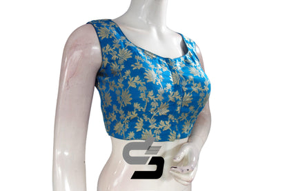 "Exquisite Blue Color Designer High Neck Banaras Brocade Silk Readymade Saree Blouses" - D3blouses