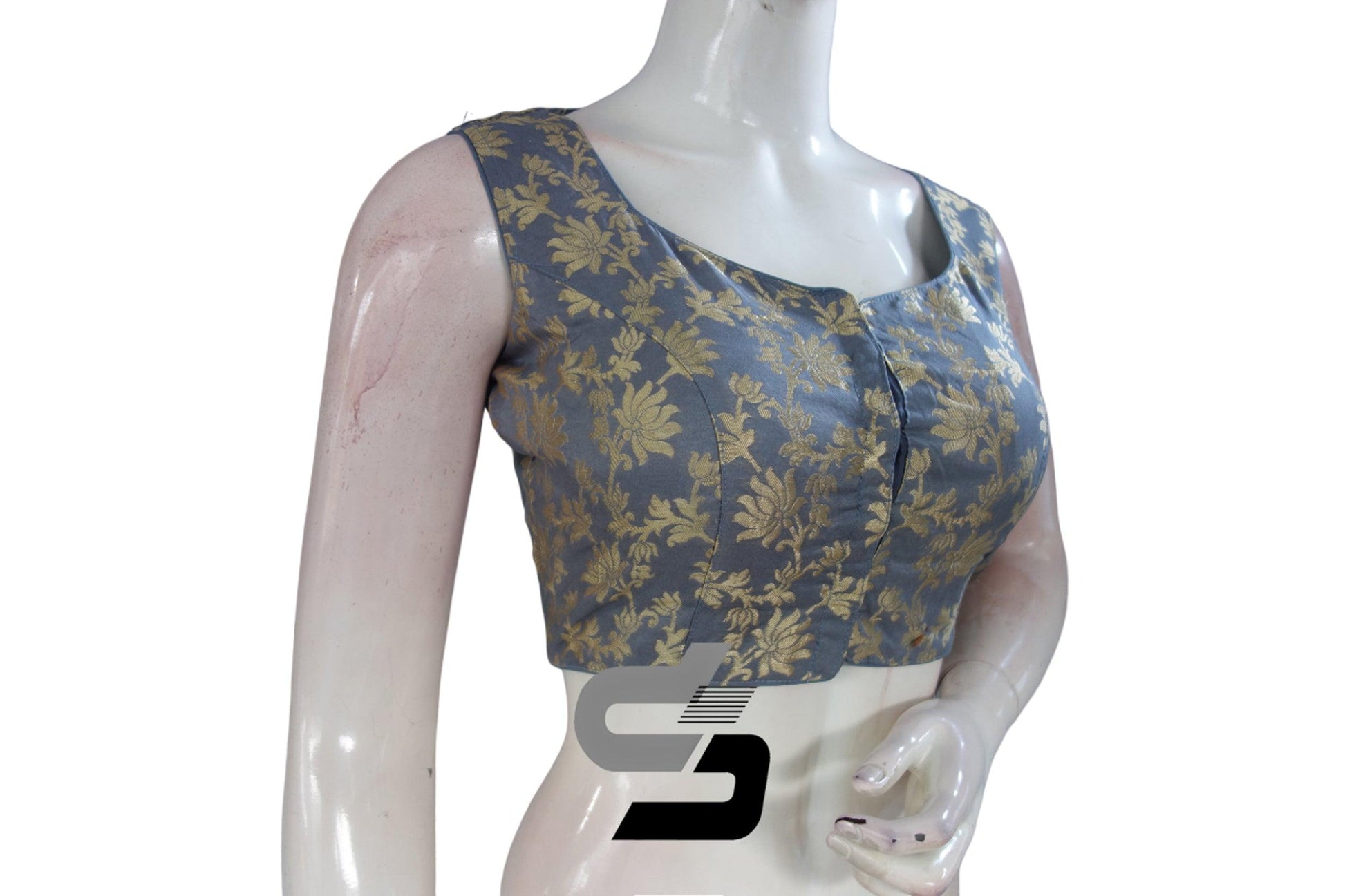 "Elegant Grey Color Designer High Neck Banaras Brocade Silk Readymade Saree Blouses" - D3blouses