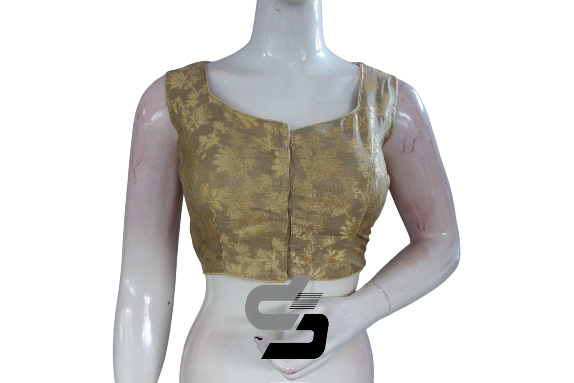 "Radiant Gold: Designer High Neck Banaras Brocade Silk Readymade Saree Blouses" - D3blouses