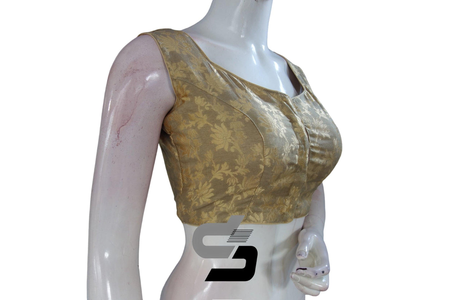 "Radiant Gold: Designer High Neck Banaras Brocade Silk Readymade Saree Blouses" - D3blouses