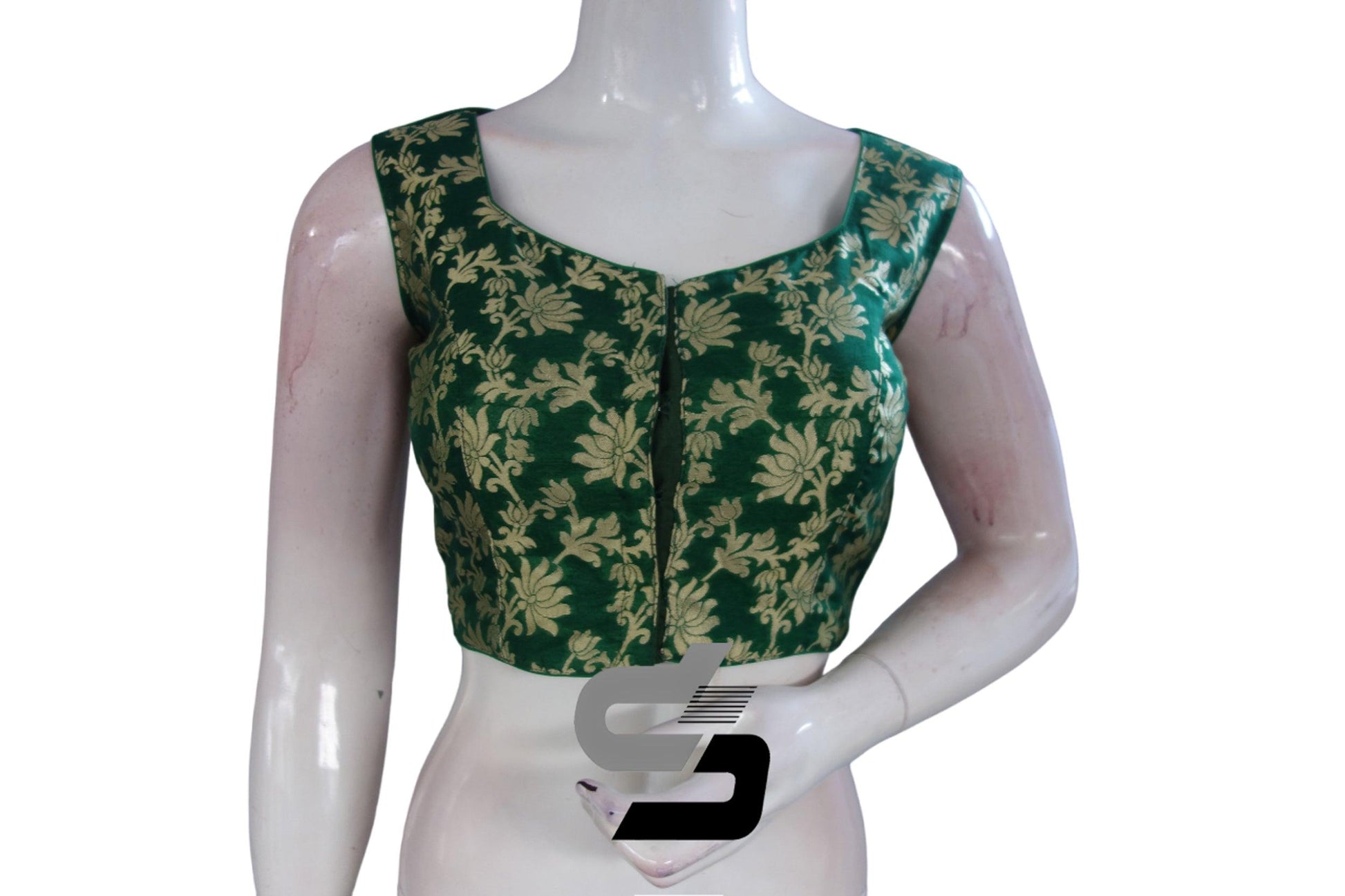 "Enchanting Green: Designer High Neck Banaras Brocade Silk Readymade Saree Blouses" - D3blouses