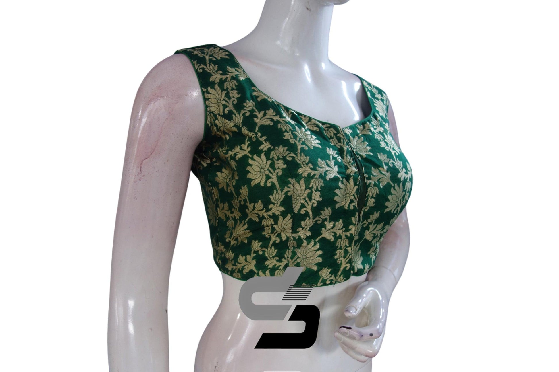 "Enchanting Green: Designer High Neck Banaras Brocade Silk Readymade Saree Blouses" - D3blouses